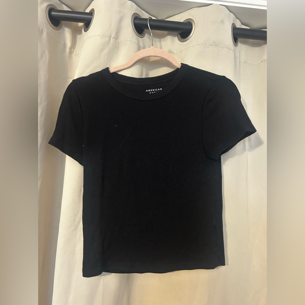 American Eagle Outfitters Black Ribbed Crew Short Sleeve Tee